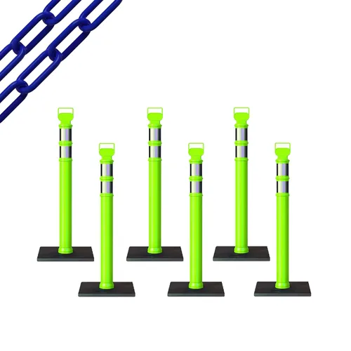 Vista 53 de CCW 6-Pack 45" Delineador Post Kit Kit de 3.0 in collares reflectantes, base de goma de 10 lb (6 postes blancos con cadena negra de 50 pies)