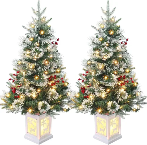 Vista 15 de Árbol de Navidad de 3 pies con base de reno, árbol de Navidad artificial esmerilado con 78 luces LED, caja de batería de 8 modos, decoraciones