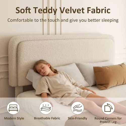 Vista 4 de Base de cama tamaño Queen, marco de cama de terciopelo Teddy Boucle con cabecera tapizada ajustable de 43.3"/45.3", esquinas redondeadas, base