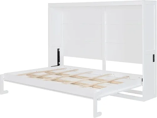 Vista 4 de Cama Murphy de tamaño matrimonial con estación de carga, marco de cama de pared de madera que ahorra espacio se puede plegar, armario de cama cubo