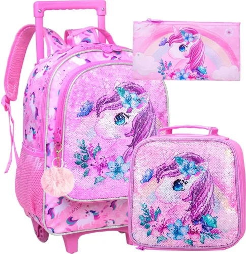 Vista 11 de Mochila rodante para niñas y niños, juego de 3 piezas con ruedas de diseño de unicornio o dinosaurio Dinosaurio astronauta.
