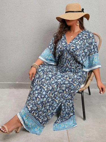 Vista 4 de Cozyease Vestido de mujer de talla grande con estampado floral dividido en la parte delantera, cuello en V, cintura alta, estilo bohemio, acampanado