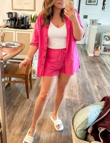 Vista 2 de Conjunto corto de algodón y lino para mujer, 2 piezas, camisa de media manga, sudadera, traje de vacaciones para la playa