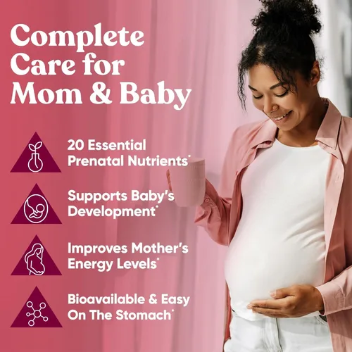 Vista 2 de Glow Vitaminas prenatales + folato & DHA – Multivitamínico para nutrir el embarazo, para bebés y mamá saludables – Ácido fólico, jengibre, zinc