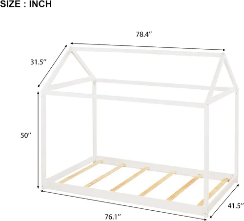 Vista 2 de SOFTSEA Cama de piso individual para niños, cama individual con techo (gris, Twin-House)