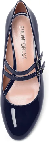 Vista 3 de Zapatos de tacón bajo con hebilla de punta redonda para mujer, con correa ajustable y correa ajustable, 2 pulgadas