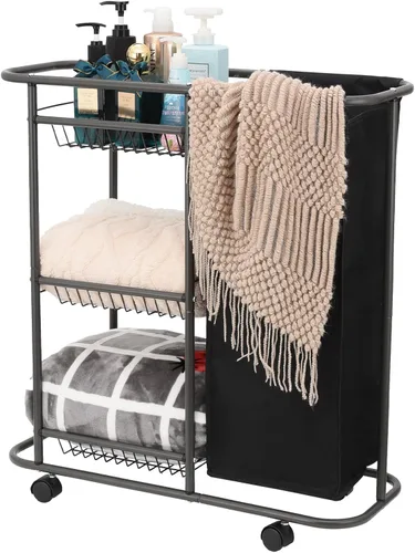 Vista 11 de Cesta de lavandería con 3 cestas de almacenamiento y bolsa de 45 L, carrito de lavandería resistente con ruedas y asa, ahorro de espacio
