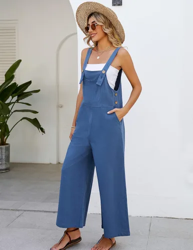 Vista 3 de Kissonic Overol holgado y cómodo para mujer, estilo casual, de algodón, ajuste holgado, pierna ancha, con correas ajustables