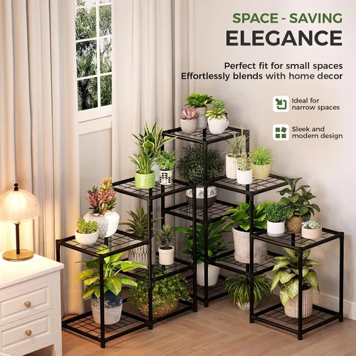 Vista 5 de Bamworld Soporte de esquina para plantas de interior, estante de metal para plantas de 5 niveles, 11 estantes de flores en maceta, estante negro