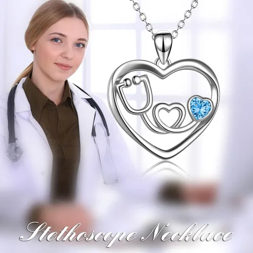 Vista 5 de Collar con estetoscopio de plata de ley con diseño de corazón y enfermería, regalo para enfermeras y médicos