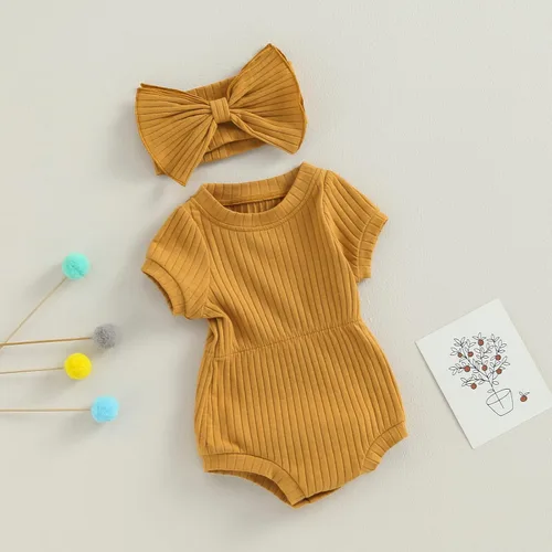 Vista 11 de Traje de verano para niña pequeña, de manga corta, acanalado, overol liso, pantalones cortos, ropa para recién nacidos