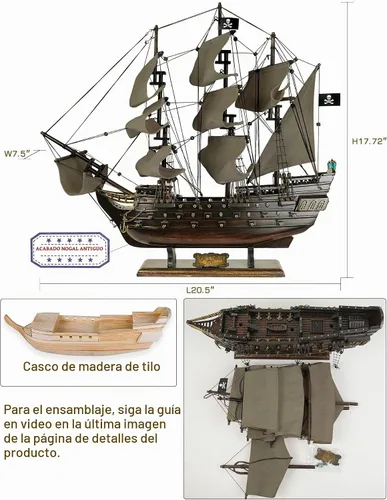 Vista 2 de SAILINGSTORY Modelo de Barco Pirata de Madera Black Pearl Barco de Vela Decoración de Velero 20.5" Velas Antiguas Detalles auténticos artesanales