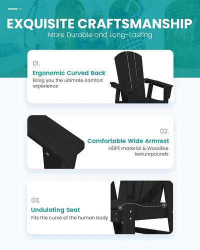 Vista 3 de SERWALL Juego de sillas de comedor Adirondack para exterior, conjunto de 2, sillas de patio de HDPE resistentes a todo clima, color negro