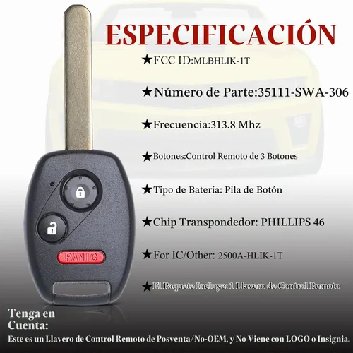 Vista 3 de Control Remoto de Llavero de Reemplazo Compatible con Honda CRV 2007 2008 2009 2010 2011 2012 2013/CRZ 2007-2014 2015/Fit/Insight/Accord