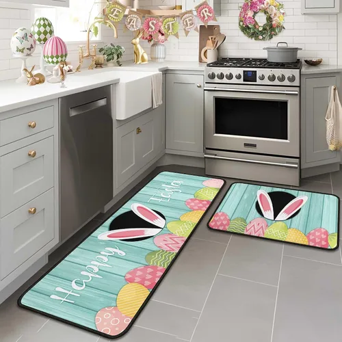Vista 11 de Juego de 2 alfombras y tapetes de cocina de conejo de zanahoria y conejo, decoración de Pascua antideslizante, decoración de Pascua para el hogar