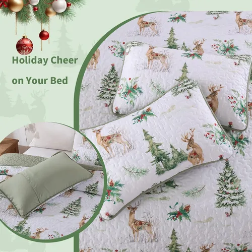 Vista 7 de DJY Juego de edredón navideño tamaño queen, patrón de renos y árboles de Navidad, juego de ropa de cama navideña, suave microfibra verde y blanco