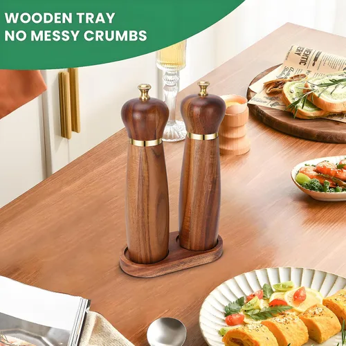 Vista 3 de Juego de molinillo de sal y pimienta de madera de acacia con base, molinillo de pimienta manual de 8 pulgadas con grosor ajustable, juego de 2