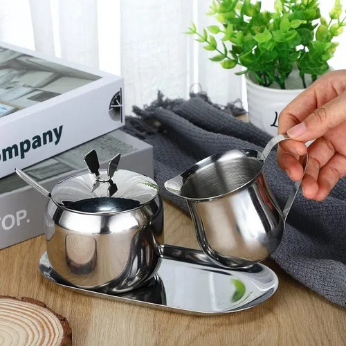Vista 2 de Juego de crema y azucarero de acero inoxidable, taza de leche con leche, jarra de crema y azucarero con tapa, bandeja para cuchara para café, juego