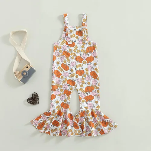Vista 3 de Mameluco de Halloween para bebé niña con estampado de calabaza, tirantes delgados, volantes, traje de otoño de una pieza con pantalón acampanado