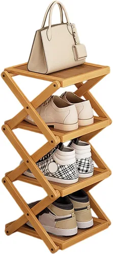 Vista 10 de YYW Zapatero plano de bambú para entrada, sin instalación y plegable, pequeño zapatero vertical, ahorra espacio, zapatero estrecho para armario