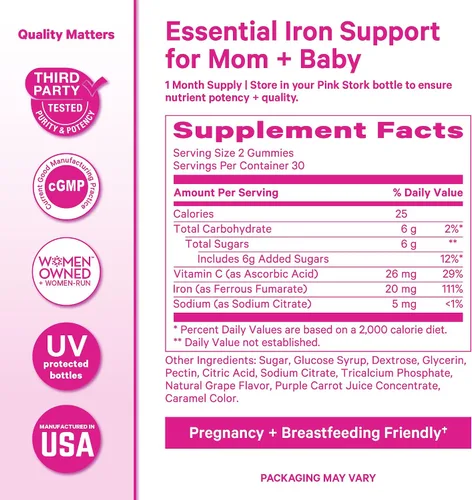 Vista 6 de Gomitas de suplemento prenatal de hierro para mujer, 20 mg, 60 unidades de Pink Stork Con vitamina C para absorción, sabor a uva, alivia