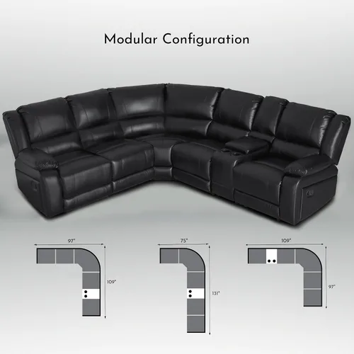 Vista 4 de Sofá seccional reclinable manual en forma de L para sala de estar Sofá modular modular de 109 pulgadas Sofá reclinable de piel sintética negra