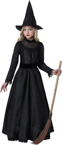 Vista 2 de Disfraz de bruja para niña, vestido de bruja oscura de lujo, traje de bruja malvada, vestido de disfraz de Halloween negro