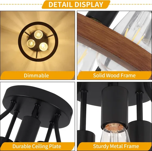 Vista 3 de Lámpara de techo moderna de granja de madera semiempotrada, accesorios de iluminación de pasillo y entrada, lámpara de techo industrial rústica de 3