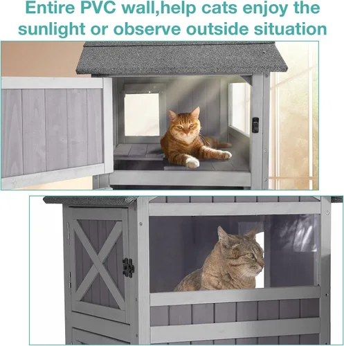 Vista 6 de Suumerpety Casa aislada para gatos al aire libre, refugio de madera resistente a la intemperie para gatos con forro, recintos para gatitos, casa