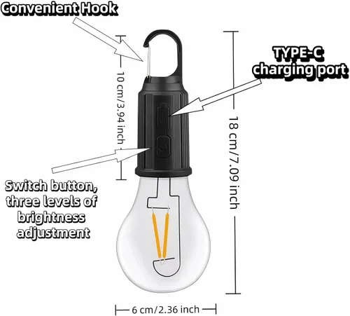 Vista 3 de Linterna LED portátil para campamento, gancho para colgar en cualquier lugar, recargable USB-C, 3 modos de brillo, resistente al agua