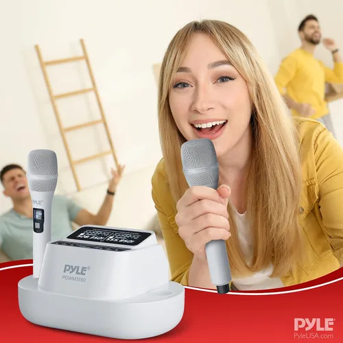 Vista 8 de Pyle Sistema de micrófono inalámbrico UHF - Receptor Bluetooth con 2 micrófonos de mano recargables, baterías de 1200 mAh, sonido claro