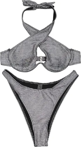 Vista 2 de JUMISEE Bikini con tiras de holograma brillante neón para mujer, sexy, halter envolvente, traje de baño con tanga para fiesta rave