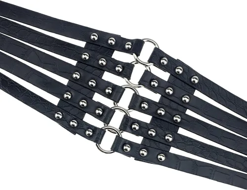 Vista 5 de Cinturón de cintura ancha de piel sintética para mujer, remaches huecos, cintura elástica, Negro