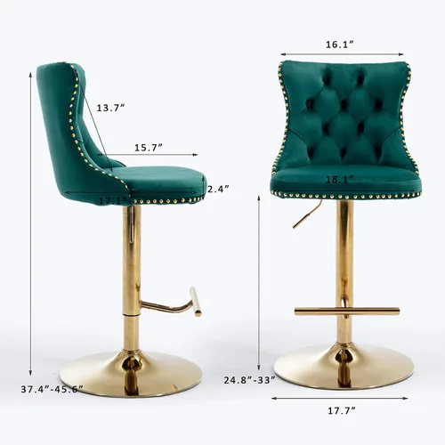 Vista 10 de SoarFlash Juego de 2 taburetes de bar de terciopelo giratorios ajustables con patas de metal chapado en oro, capitoné con botones, reposapiés