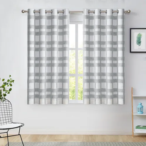 Vista 2 de Central Park Cortina opaca a cuadros blancos y grises para ventana, panel geométrico para dormitorio, sala de estar, con ojales en la parte Gris