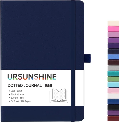 Vista 46 de Cuaderno punteado, diario, 5.3 x 8.26 pulgadas, tapa dura, prémium, papel grueso, doble espiral, bandas, cuero negro sintético, lazo para bolígrafo