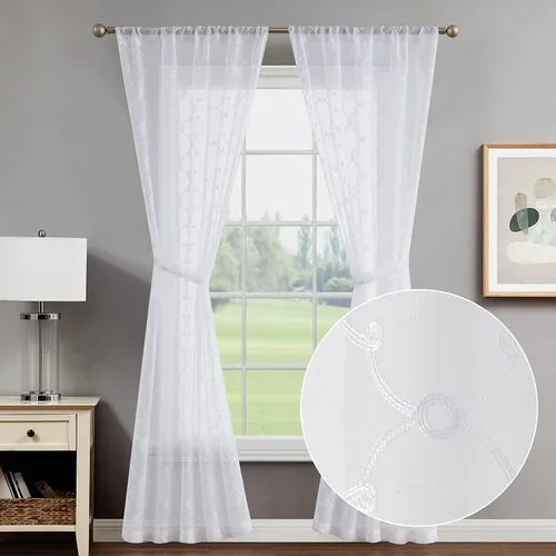 Vista 10 de Creative Home Ideas Cortinas transparentes (2 paneles, 38 x 63 pulgadas, azul), paneles de cortina geométricos bordados con alzapaños, cortinas