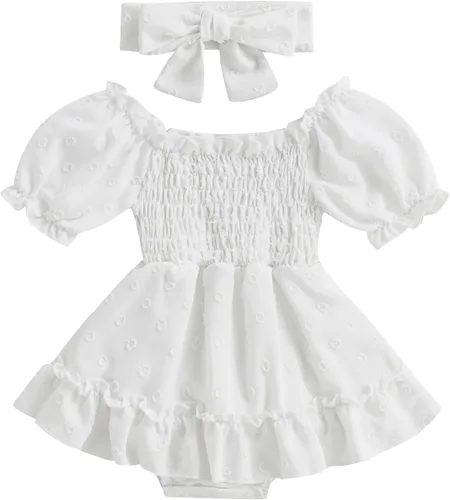 Vista 15 de Mameluco para bebés y niñas de 3, 6, 9, 12, 18 meses, enterizo de manga corta, fruncido, faldas y dobladillo, diadema