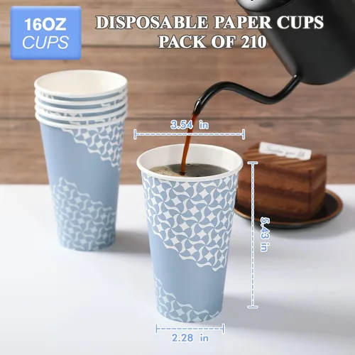 Vista 4 de MUCHII Tazas de café de papel de 16 onzas, vasos de papel desechables, 210 unidades, vasos de papel desechables para bebidas calientes, tazas