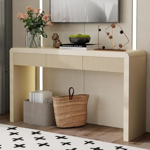 Vista 20 de Knocbel Mesa consola con 2 cajones ranurados, mesas de sofá modernas con curvas redondeadas únicas y superficie lisa para sala de estar, entrada, 55