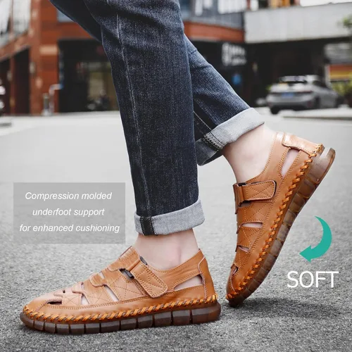 Vista 7 de MAIZUN Sandalias de cuero para hombre con puntera cerrada, zapatos de pescador de playa, sandalias deportivas de verano al aire libre