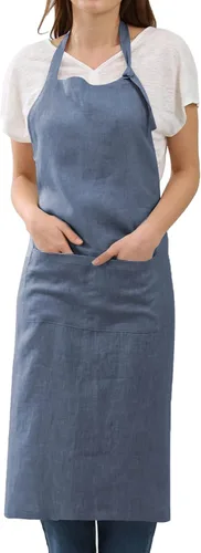 Vista 8 de Amazhiyu Delantal de cocina de lino puro con bolsillos para mujeres y hombres, cocinero, barbacoa, manualidades
