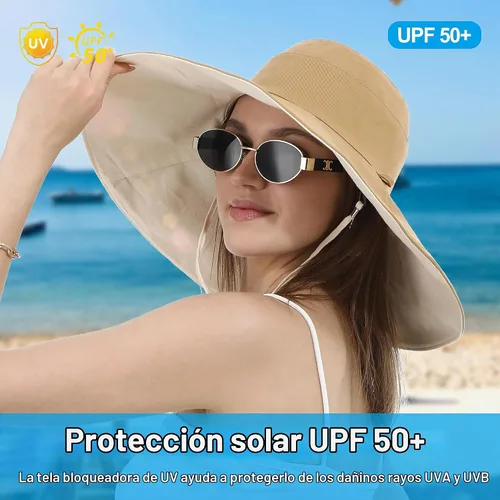 Vista 5 de Sun Hat for Women Wide Brim Reversible Double-Sided Cotton Fisherman Cap Caqui