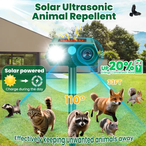 Vista 2 de Repelente solar ultrasónico de animales, paquete de 2 dispositivos ultrasónicos repelentes de ciervos con sensor de movimiento PIR y luces LED