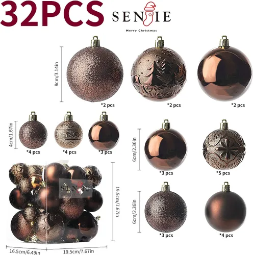 Vista 2 de Senjie Adornos de Navidad inastillables marrones, 32 bolas esféricas para árboles de Navidad