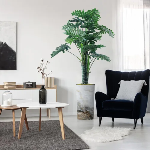 Vista 8 de Árbol artificial en macetero con efecto de granito moderno, palmera tropical areca artificial de seda para decoración del hogar en interiores