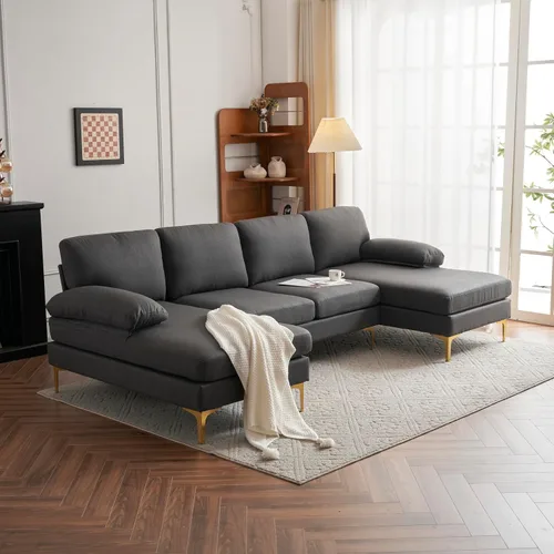 Vista 4 de Alexent Sofá seccional moderno en forma de U con diván doble, sofá de tela moderno con pies de latón para sala de estar, (gris oscuro)