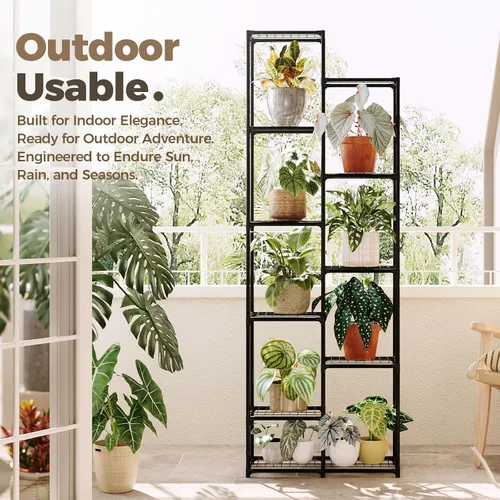 Vista 4 de Bamworld Soporte para plantas para interiores y exteriores, estante grande de metal de 11 niveles para plantas, soportes de flores de varios Negro