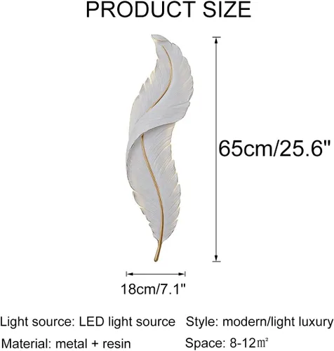 Vista 2 de Lámpara de pared moderna para dormitorio, lámpara de pared LED con diseño de plumas blancas elegante, luz de cuento de hadas, luces de pared de lujo