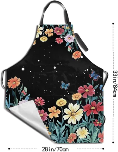 Vista 2 de Kawani Delantal adulto con bolsillos, delantal de cocina de chef Negro Floral